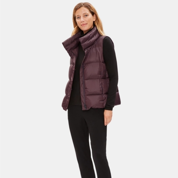 Eileen Fisher Maroon Cassis Recycled Nylon Funnel Neck Vest Size Large - Picture 2 of 14